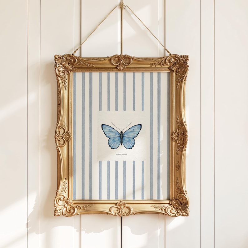 Butterfly Painting, Blue Stripe Giclee Print, Country Cottage Home Decor, Vintage Entomology Insect Art, Multiple Sizes Available