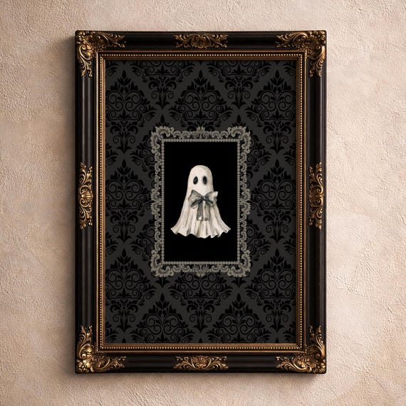 Watercolor Ghost Artwork, Ghost with Bow Giclee Print, Gothic Victorian Halloween Decorations, Dark Academia Decor, Multiple Sizes