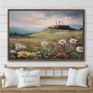 Religious Artwork Crosses Painting, Mountain Christian Artwork, Biblical Art Print, Church Decor, Faithful Home Decor, Giclee Print
