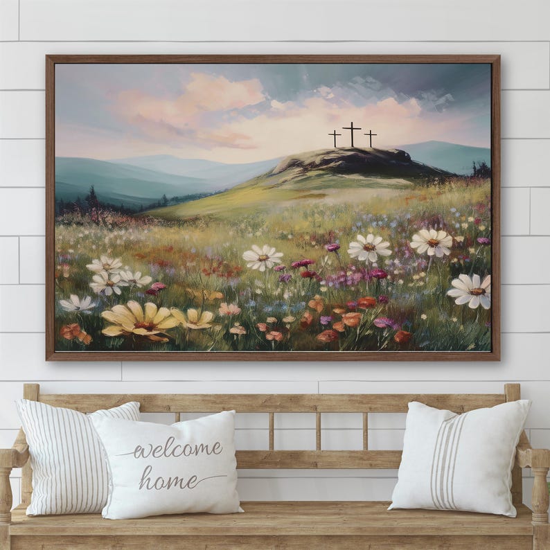 Religious Artwork Crosses Painting, Mountain Christian Artwork, Biblical Art Print, Church Decor, Faithful Home Decor, Giclee Print