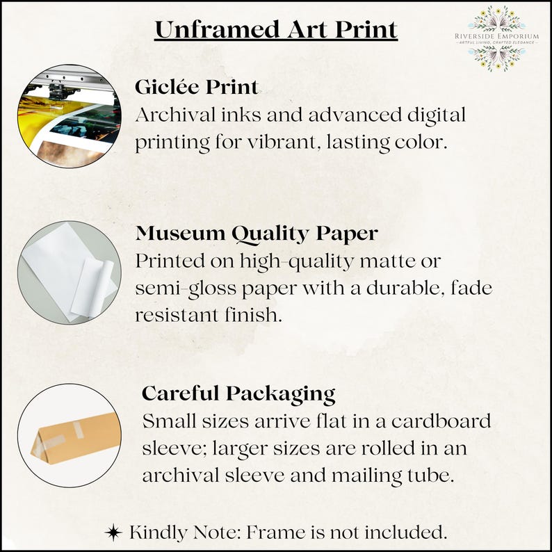 May include: An informational graphic for unframed art prints. The text describes Gicl&eacute;e printing with archival inks, museum-quality paper, and careful packaging. Small prints ship flat, larger ones rolled in a tube. The text also notes that the frame is not included.
