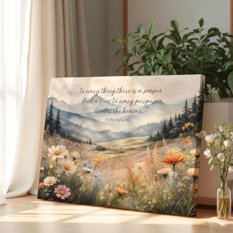 Biblical Canvas Art, To Every Thing There is a Season, Christian Artwork, Nature Scripture Mountain Bible Verse, Church Decor