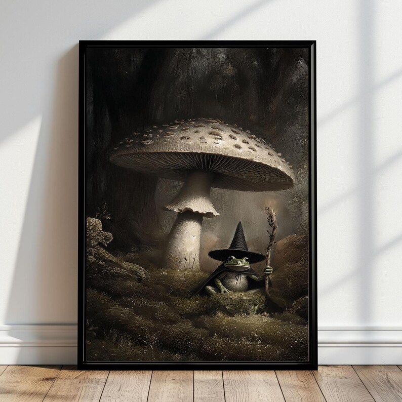 Witchy Frog Painting, Magical Woodland Halloween Artwork, Enchanted Forest Mystical Art,  Dark Cottagecore, Printable Wall Art