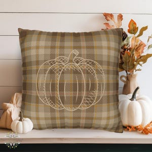 Fall Pillow Cover, Rustic Brown Plaid with Pumpkin, Seasonal Home Accent, Perfect Gift for Fall, Hidden Zipper, Polyester