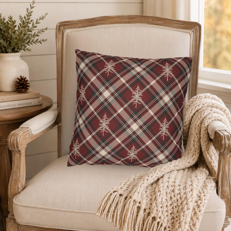 Red Plaid Christmas Throw Pillow Cover, Rustic Pine Tree Design, Holiday Couch Decor, Plaid Cabin Decor, Double Sided Print, Multiple Sizes