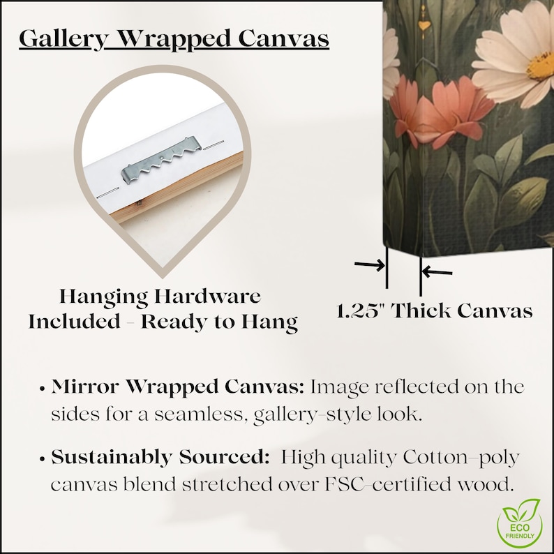 May include: A gallery wrapped canvas featuring a floral print with white and pink flowers. The canvas is 1.25 inches thick and includes hanging hardware. The product is made of a cotton-poly blend stretched over FSC-certified wood with mirror wrapped sides.