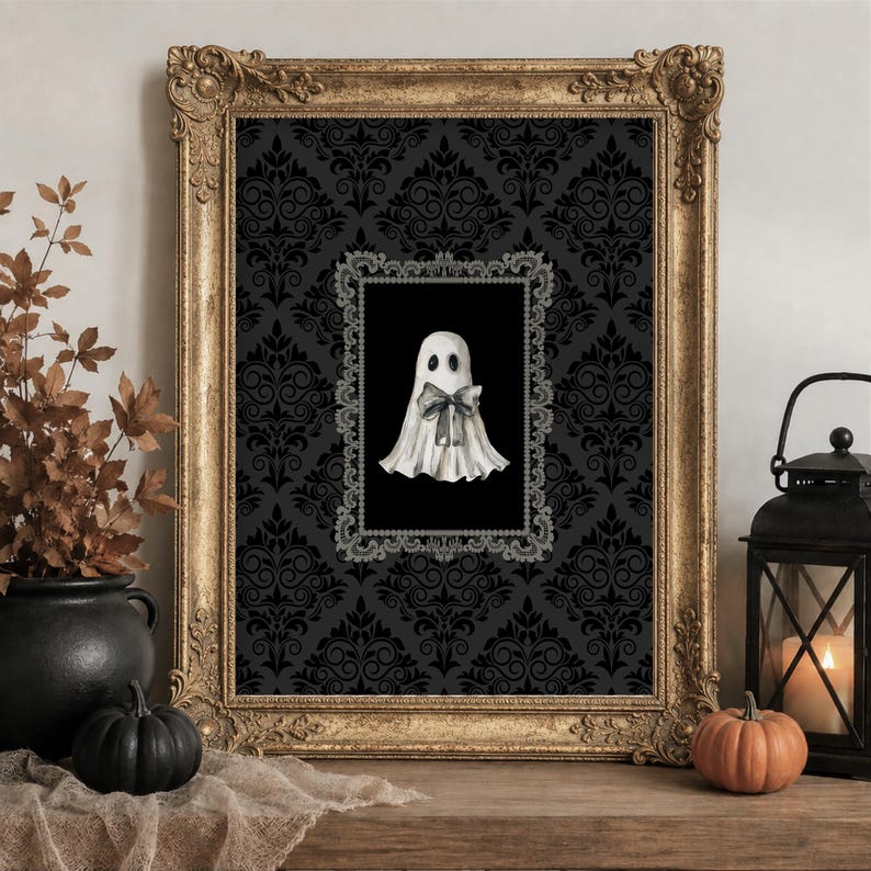 Watercolor Ghost Artwork, Ghost with Bow Giclee Print, Gothic Victorian Halloween Decorations, Dark Academia Decor, Multiple Sizes
