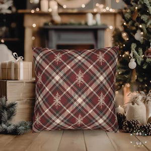 Red Plaid Christmas Throw Pillow Cover, Rustic Pine Tree Design, Holiday Couch Decor, Plaid Cabin Decor, Double Sided Print, Multiple Sizes