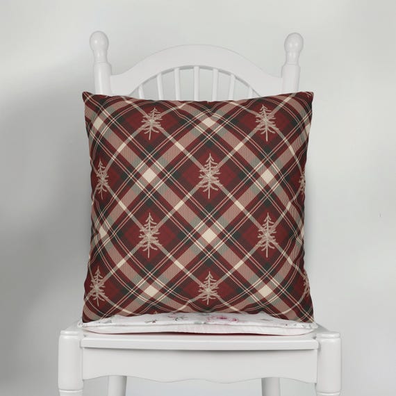 Red Plaid Christmas Throw Pillow Cover, Rustic Pine Tree Design, Holiday Couch Decor, Plaid Cabin Decor, Double Sided Print, Multiple Sizes