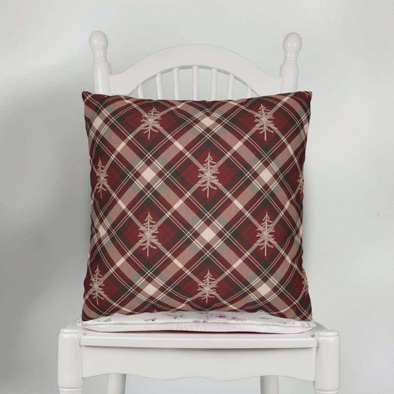Red Plaid Christmas Throw Pillow Cover, Rustic Pine Tree Design, Holiday Couch Decor, Plaid Cabin Decor, Double Sided Print, Multiple Sizes