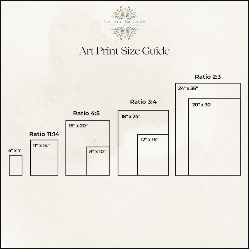 May include: An art print size guide with various rectangular shapes representing different aspect ratios. Sizes include 5" x 7", 8" x 10", 11" x 14", 12" x 16", 16" x 20", 18" x 24", 20" x 30", and 24" x 36". The guide is labeled "Art Print Size Guide".