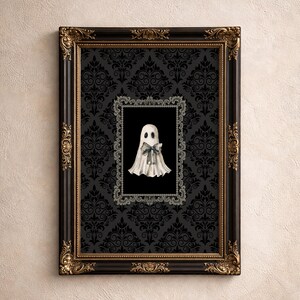 Watercolor Ghost Artwork, Ghost with Bow Giclee Print, Gothic Victorian Halloween Decorations, Dark Academia Decor, Multiple Sizes