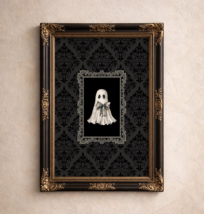 Watercolor Ghost Artwork, Ghost with Bow Giclee Print, Gothic Victorian Halloween Decorations, Dark Academia Decor, Multiple Sizes