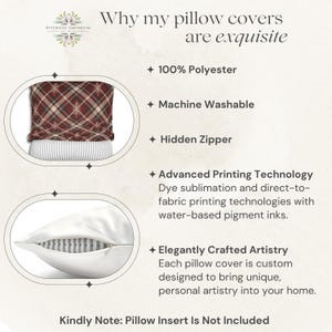 May include: A promotional graphic for Riverside Emporium pillow covers featuring a red plaid pattern and a white cover with a hidden zipper. Text highlights 100% polyester, machine washable, hidden zipper, advanced printing technology, and artistry.