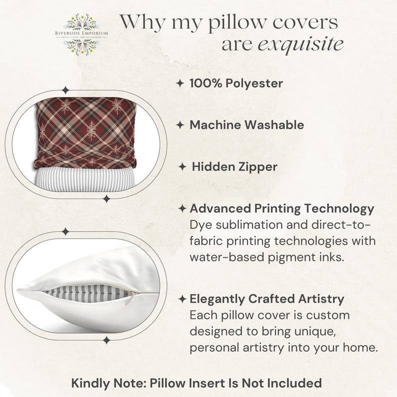 May include: A promotional graphic for Riverside Emporium pillow covers featuring a red plaid pattern and a white cover with a hidden zipper. Text highlights 100% polyester, machine washable, hidden zipper, advanced printing technology, and artistry.