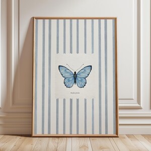 Butterfly Painting, Blue Stripe Giclee Print, Country Cottage Home Decor, Vintage Entomology Insect Art, Multiple Sizes Available