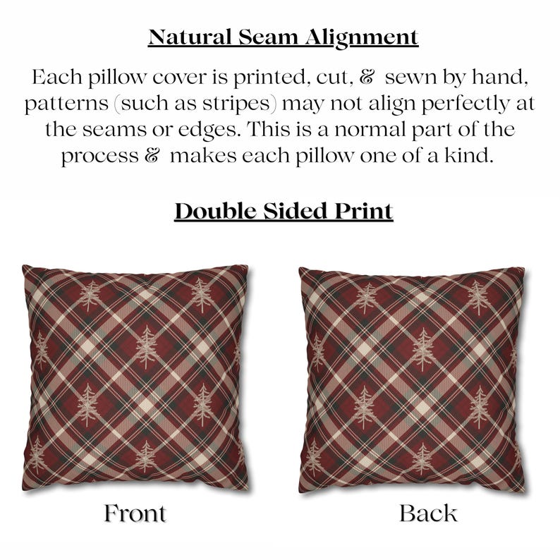 May include: Two square pillow covers featuring a red, dark green, and beige diagonal plaid pattern with white pine tree silhouettes. Text reads: Natural Seam Alignment. Each pillow cover is printed, cut, & sewn by hand. Double Sided Print.