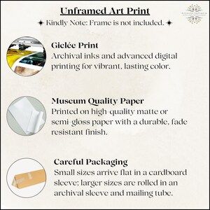 May include: An informational graphic titled Unframed Art Print with a note that the frame is not included. It details Gicl&eacute;e printing with archival inks, museum quality matte or semi-gloss paper, and packaging methods using cardboard sleeves or tubes.