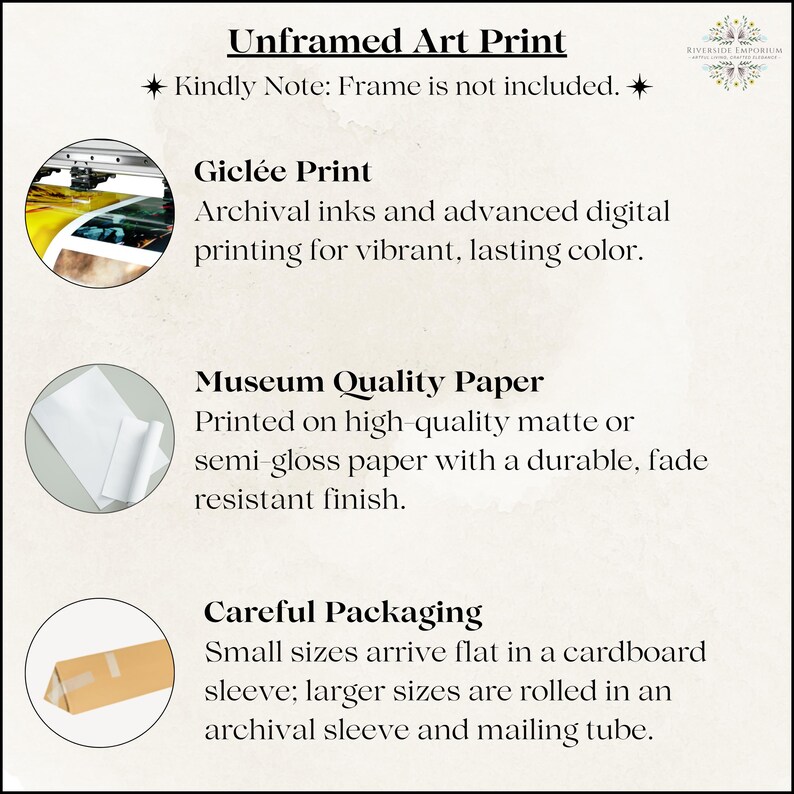 May include: An informational graphic titled Unframed Art Print with a note that the frame is not included. It details Gicl&eacute;e printing with archival inks, museum quality matte or semi-gloss paper, and packaging methods using cardboard sleeves or tubes.