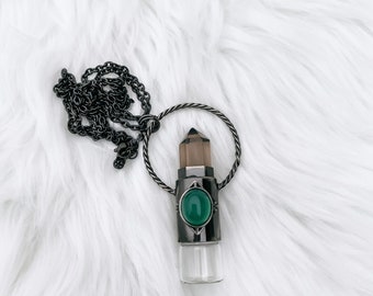 Roller Bottle Essential Oil Aromatherapy Jewelry – Smoky Quartz & Green Agate Cabochon Gunmetal Necklace with Free 2ml oil blend