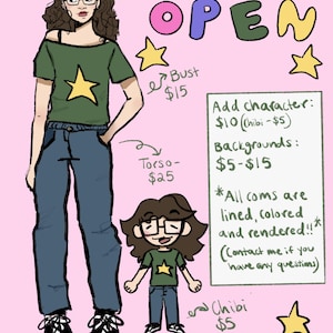 Puede incluir: Un póster rosa con las palabras "COMS OPEN" en letras de burbujas de colores. El póster presenta una ilustración de cuerpo completo de una persona y una versión chibi, ambas con camisas verdes con estrellas amarillas. Detalles de texto sobre opciones de comisión.
