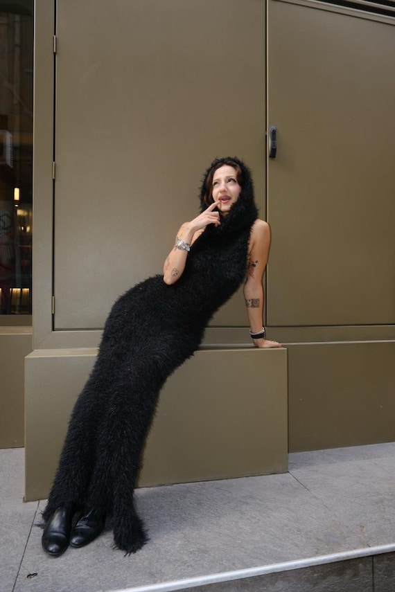black fuzzy dress Fur Hoodie Knit Core Colors:Honey Very fuzzy mohair sweater Wedding Wear Black Satin Mermaid Prom