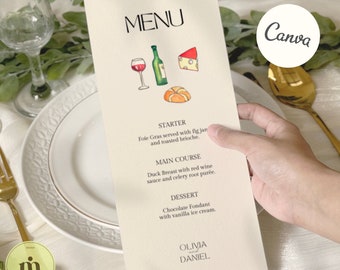 Vineyard WEDDING MENU invitation, Hand-Drawn Watercolor Dining Menu Template for Wine Country Weddings, Digital Download.