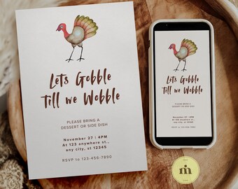 Thanksgiving Invitation - Editable Hand Painted Turkey Canva Template for Instant Download for Your Lets Gobble Dinner Party