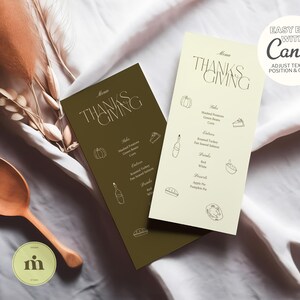 K&ouml;nnte beinhalten: Zwei druckbare Thanksgiving-Men&uuml;vorlagen. Eine ist braun mit goldfarbenem Text und die andere ist cremefarben mit schwarzem Text. Beide Men&uuml;s zeigen eine Thanksgiving-Speisekarte mit ein paar einfachen Illustrationen.