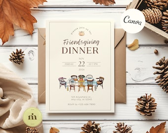Friendsgiving Invitation, Editable Hand-Painted Table Dinner Template for Thanksgiving, Printable Watercolor Design.
