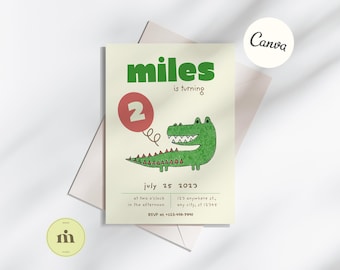 Editable Zoo Animal Birthday Invite, Hand-Drawn Crocodile, Birthday Party, 1st Birthday Invite, Instant Download, Canva Template