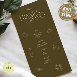 K&ouml;nnte beinhalten: Eine braune Speisekarte mit dem Text "Thanksgiving" in goldenen Buchstaben. Die Speisekarte listet Beilagen, Hauptgerichte, Getr&auml;nke und Desserts f&uuml;r ein Thanksgiving-Essen auf.