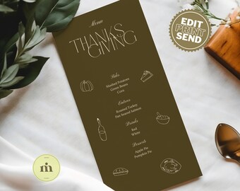 Thanksgiving MENU Template, Editable Hand-Drawn Dining Menu in 4 Boho Colors Perfect for for Fall Festivities, Digital Download