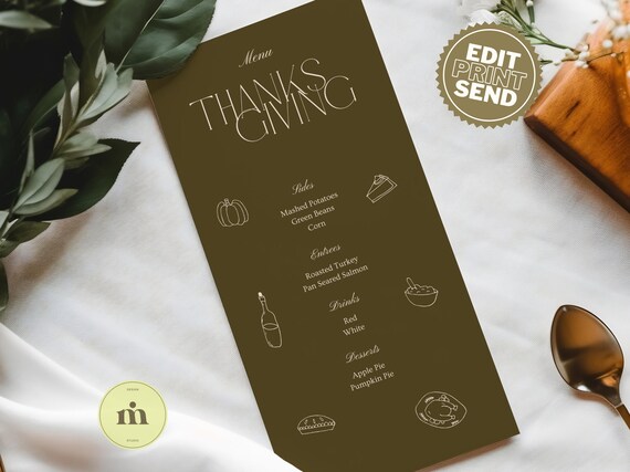 Thanksgiving MENU Template, Editable Hand-Drawn Dining Menu in 4 Boho Colors Perfect for for Fall Festivities, Digital Download