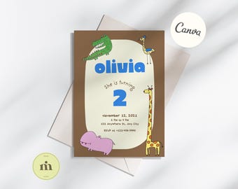 Editable Zoo Animal Birthday Card Invitation, Safari Jungle Animals, Hand-Drawn Hippo, Giraffe, Crocodile & Ostrich, 5x7 Canva Template