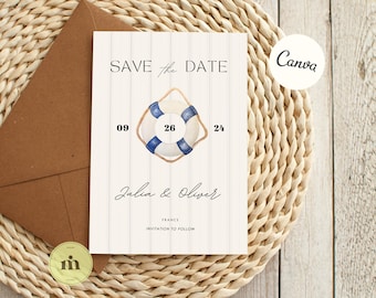 Coastal SAVE THE DATE Invite, Nautical Life Ring Hand-Painted Watercolor, Editable Digital Download, Perfect for Summer Beach Wedding. 5X7