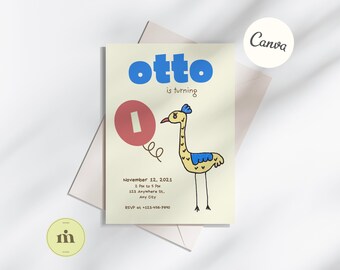 Editable Animal Birthday Card Invite, Safari Theme, Hand-Drawn Ostrich, Baby's 1st Birthday Invitation, Instant Download, Canva Template