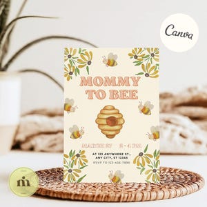 Invitación para baby shower de mamá a abeja, adorable diseño de abeja en acuarela, perfecta para baby shower y revelación de género, descarga instantánea