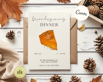 Thanksgiving Template Invitation. Editable Pumpkin Pie Friendsgiving Invite, Hand-Painted Watercolor Fall Gatherings. Instant Download.
