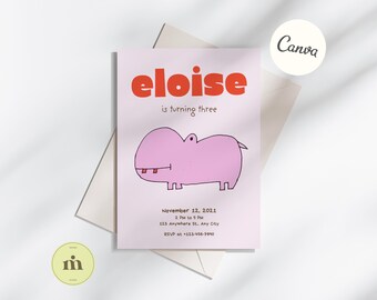Editable Animal Birthday Card Invite, Zoo Safari Jungle Theme, Hand-Drawn Hippo, Baby's 1st Birthday, Instant Download, Canva Template