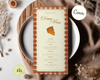 Thanksgiving MENU template, Autumn Watercolor Friendsgiving Dining Menu featuring Pumpkin Pie, Editable Digital Download