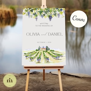Vineyard WELCOME SIGN Einladung, handgezeichnete Aquarellvorlage für Hochzeit auf dem Weinland, bearbeitbarer digitaler Download, Canva-Vorlage.
