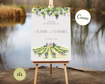 Vineyard WELCOME SIGN Invitation, Hand Drawn Watercolor Template for Wine Country Wedding, Editable Digital Download, Canva Template.