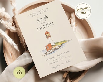 Coastal WEDDING SET Invitation, hand-drawn watercolor lighthouse, editable digital file for summer beach wedding, instant download