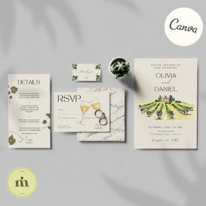 Vineyard WEDDING SET invitation, Hand Drawn Watercolor, Wine Country 4 Piece Invitations, Destination Weddings, Editable Digital Download.