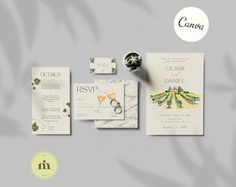 Vineyard WEDDING SET invitation, Hand Drawn Watercolor, Wine Country 4 Piece Invitations, Destination Weddings, Editable Digital Download.