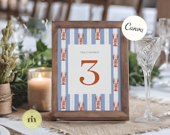 Coastal TABLE NUMBER Wedding, New England Theme Watercolor Lobster Design, Blue Stripes Printable Seating Chart