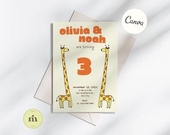 Editable Zoo Animal Birthday Invitation Card, Safari & Jungle theme, Hand-Drawn Giraffe, Twins Baby's Birthday Invite, Instant Download