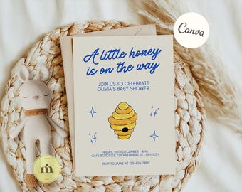 A Little Honey is on the Way Invite, Hand-Drawn Bee Theme for Baby Shower & Gender Reveal, Instant Download 5x7 Canva Template