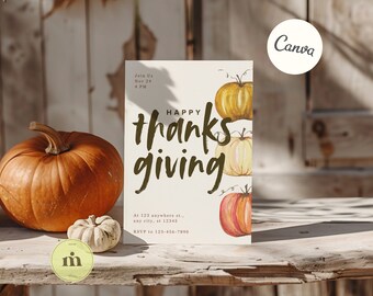 Thanksgiving Invitation, Editable Hand-Painted Watercolor Pumpkin Template for Fall Dinner Party, Instant Canva Download